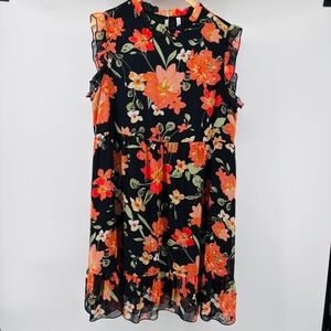 ePretty Womens XL Floral Ruffle High Neck Tiered Mini Dress Black Orange NWT